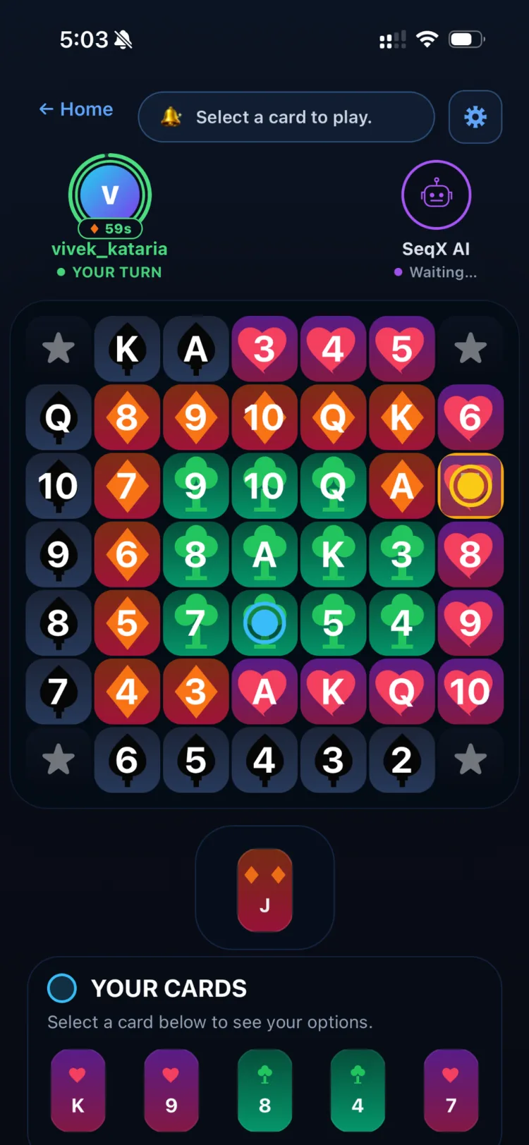 SeqX classic board — connect 5 chips in a row to win