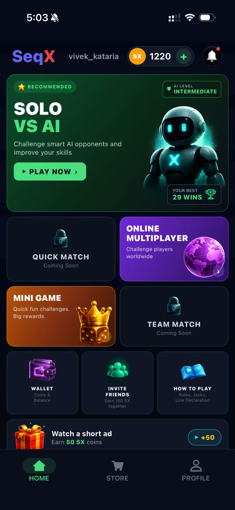SeqX home screen — start a solo or online connect 5 match