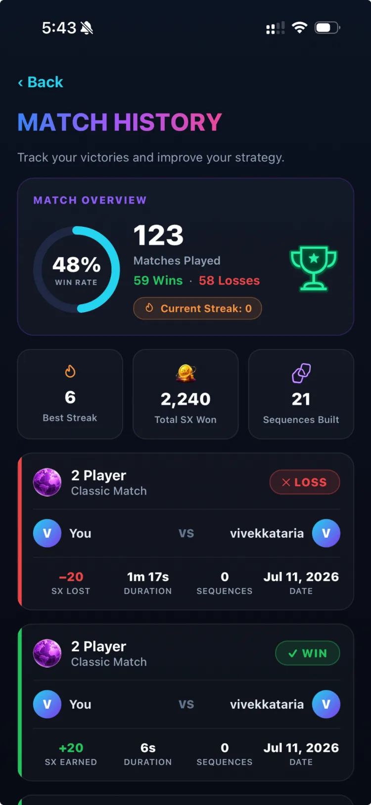 SeqX match history — review your past games and stats