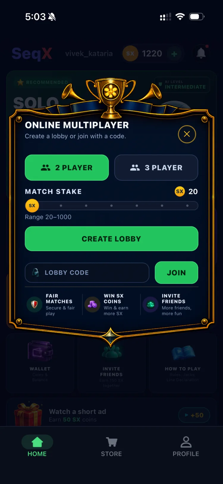SeqX live online multiplayer card match