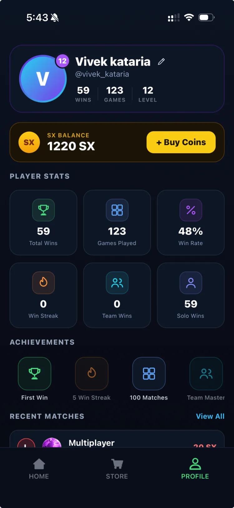 SeqX player profile with stats and equipped avatar