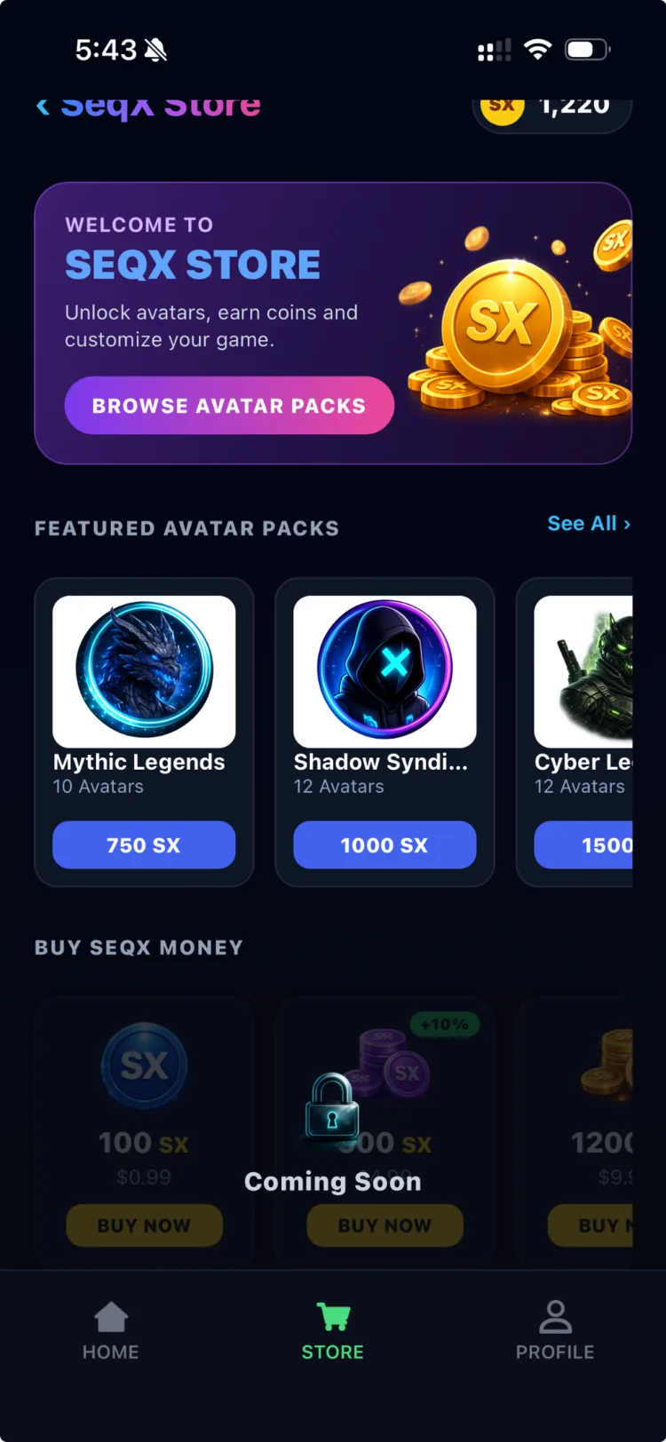 SeqX avatar store — unlock and equip avatars