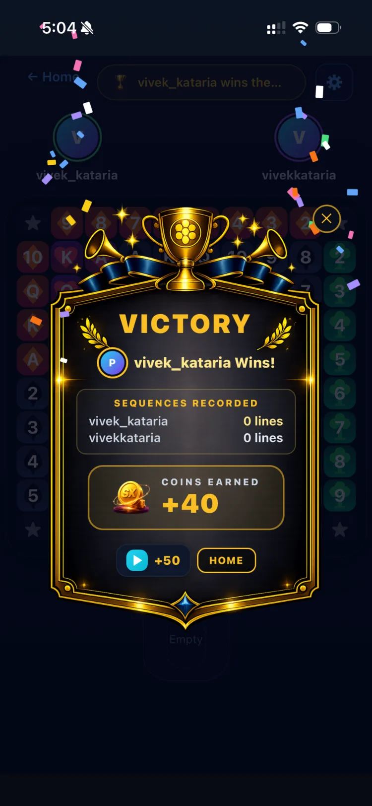 SeqX victory screen after completing a sequence